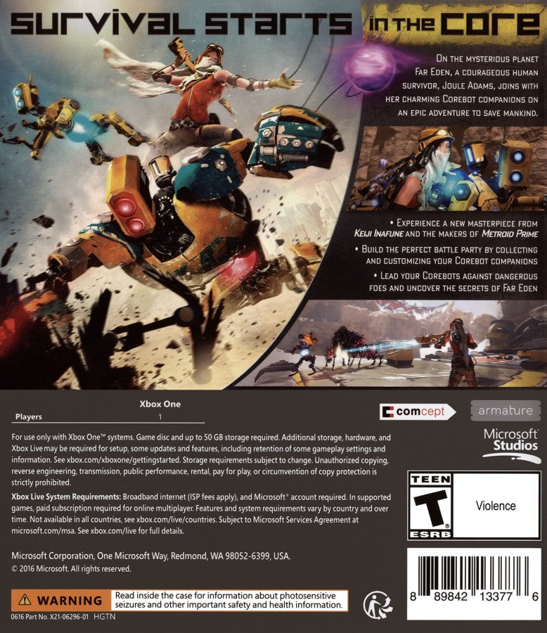 ReCore Xbox One action adventure sci fi platformer robot companions corebot gameplay exploration desert world shooter mechanics Metroidvania style traversal puzzle solving Armature Studio Comcept Microsoft Studios exclusive Xbox One game software futuristic adventure title back cover 