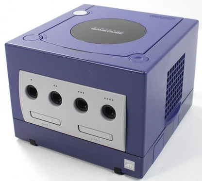 Indigo Nintendo GameCube front view with controller ports and cube design.