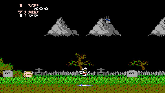 Ghosts 'n Goblins cartridge for the Nintendo Entertainment System featuring a challenging 8 bit side scrolling action platformer with knight Arthur battling hordes of demons and undead enemies gameplay