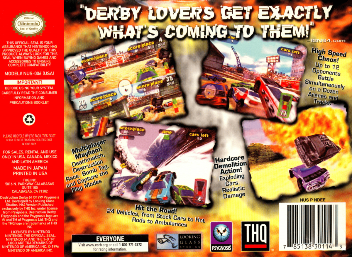 Destruction Derby 64 back cover art for Nintendo 64 N64 video game