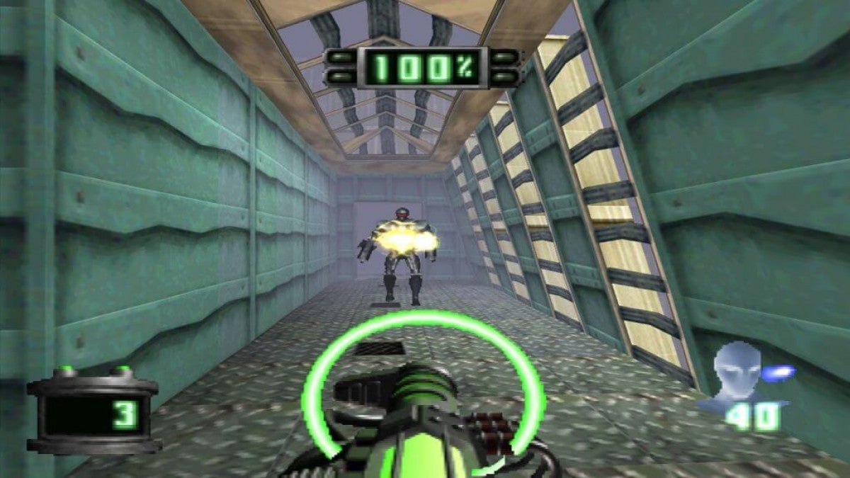 Disruptor PS1 PlayStation 1 first person shooter sci fi action game psychic powers futuristic combat Insomniac Games retro video game gameplay