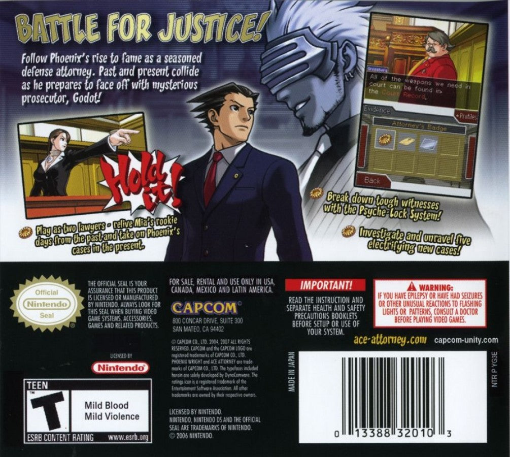 Phoenix Wright: Ace Attorney – Trials and Tribulations back of case for Nintendo DS (DS) courtroom visual novel adventure video game