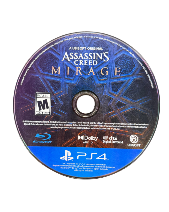 Assassin’s Creed Mirage Deluxe Edition for PS4 featuring special edition content and classic stealth focused artwork disc
