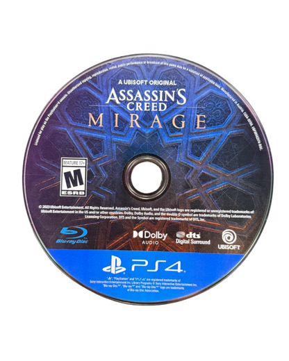 Assassin’s Creed Mirage Deluxe Edition for PS4 featuring special edition content and classic stealth focused artwork disc