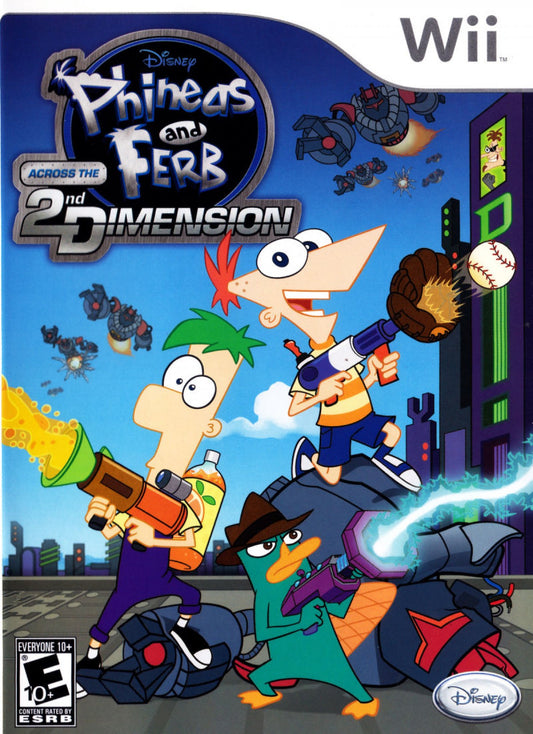 Phineas and Ferb Across the Second Dimension Wii inspired design featuring animated action adventure aesthetic dimensional travel storyline inventive gadgets colorful cartoon worlds cooperative gameplay Disney family friendly fun nostalgic Nintendo Wii presentation front cover 