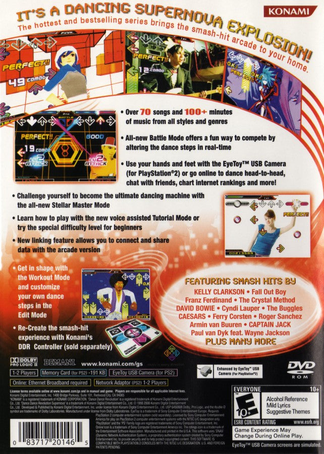 Dance Dance Revolution SuperNova for PlayStation 2 with rhythm-based dance gameplay and music challenge theme back cover art