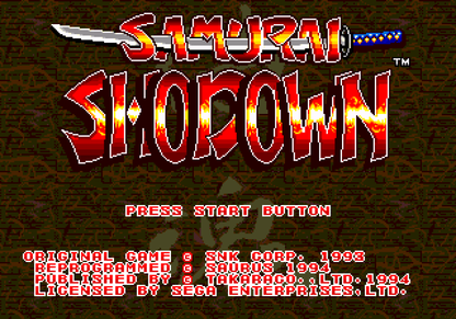 Samurai Shodown Sega Genesis GEN video game featuring 2D fighting gameplay samurai warriors weapon based combat special attacks character battles Japanese themed environments arcade style action competitive matches and classic 16 bit Sega gameplay retro video game collection collectible gaming appeal gameplay