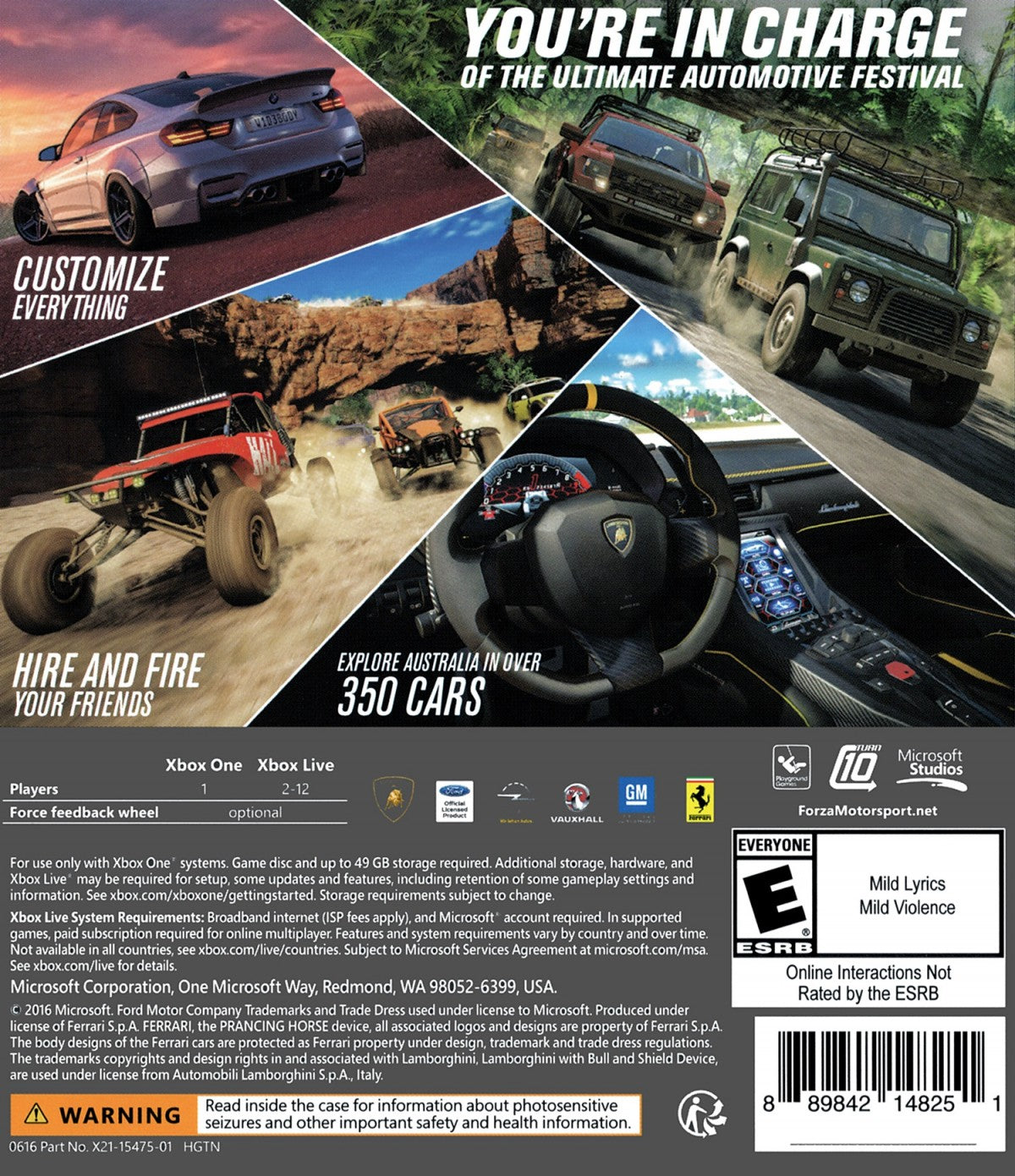 Forza Horizon 3 game for the Xbox One featuring open world racing gameplay set in Australia with a large selection of cars dynamic weather events customizable festivals and online multiplayer exploration and competition back cover art