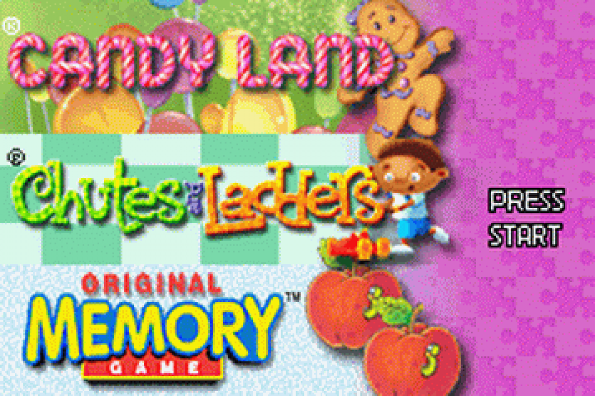 Candy Land / Chutes and Ladders / Memory for Game Boy Advance (GBA), title screen for a retro video game featuring classic board game adaptations, family-friendly mini-games, puzzle challenges, and casual multiplayer gameplay