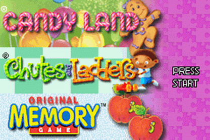 Candy Land / Chutes and Ladders / Memory for Game Boy Advance (GBA), title screen for a retro video game featuring classic board game adaptations, family-friendly mini-games, puzzle challenges, and casual multiplayer gameplay