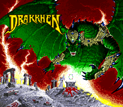 Drakkhen Super Nintendo Entertainment System SNES video game featuring fantasy role playing gameplay dragon battles open world exploration character customization magic spells dungeon exploration and challenging enemy encounters classic 16 bit Nintendo gameplay retro video game collection collectible gaming appeal gameplay