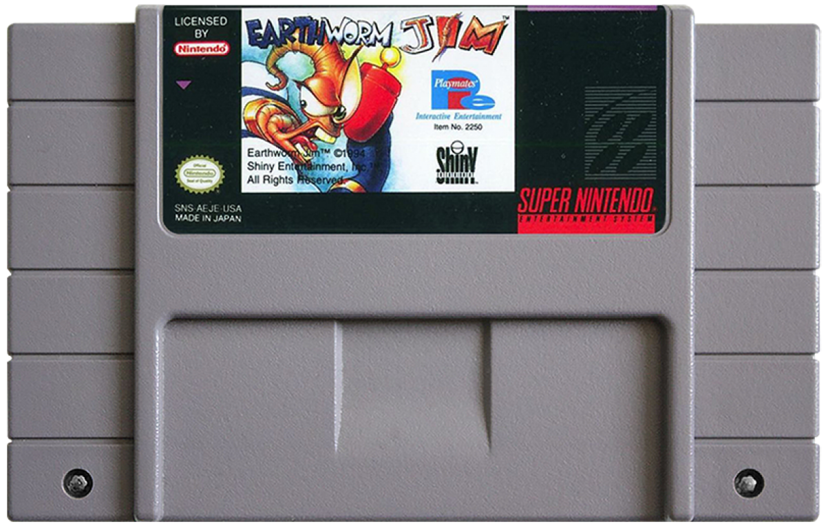 Earthworm Jim cartridge for the Super Nintendo Entertainment System featuring 16 bit side scrolling platformer action with quirky humor weapon based combat and vibrant cartoon style levels as Earthworm Jim battles enemies to save the galaxy cartridge