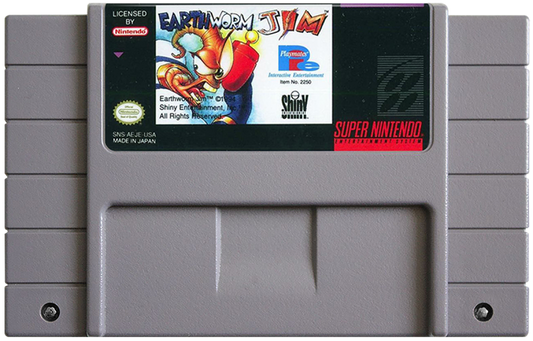 Earthworm Jim cartridge for the Super Nintendo Entertainment System featuring 16 bit side scrolling platformer action with quirky humor weapon based combat and vibrant cartoon style levels as Earthworm Jim battles enemies to save the galaxy cartridge