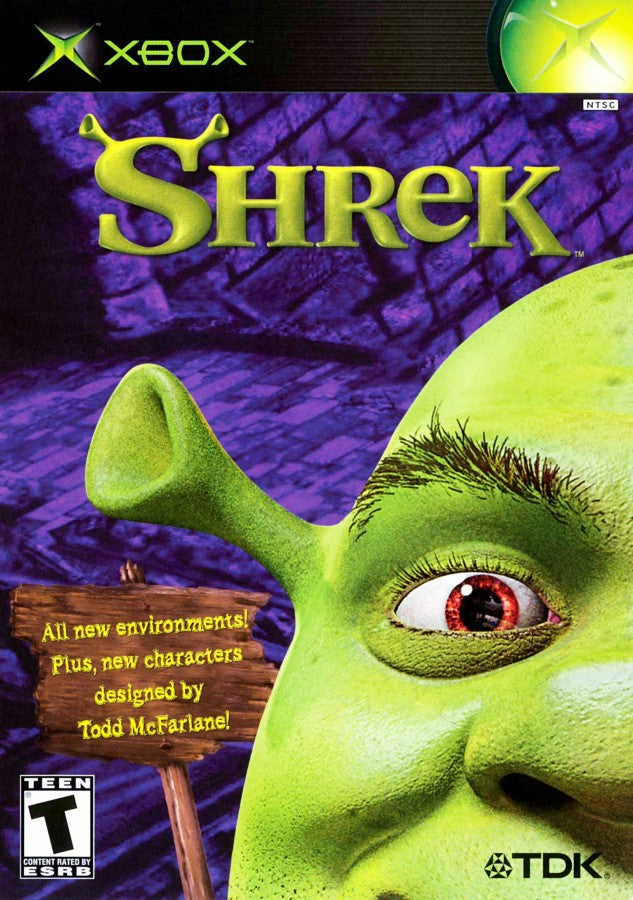 Shrek Xbox action adventure video game featuring Shrek the ogre exploring colorful environments battling enemies solving puzzles collecting items interacting with characters from the Shrek universe challenging levels and classic original Xbox gameplay collectible retro gaming appeal front cover art