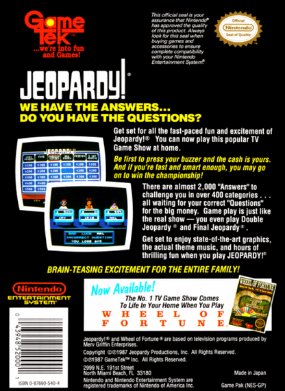 Jeopardy! back of box for Nintendo Entertainment System (NES) retro video game