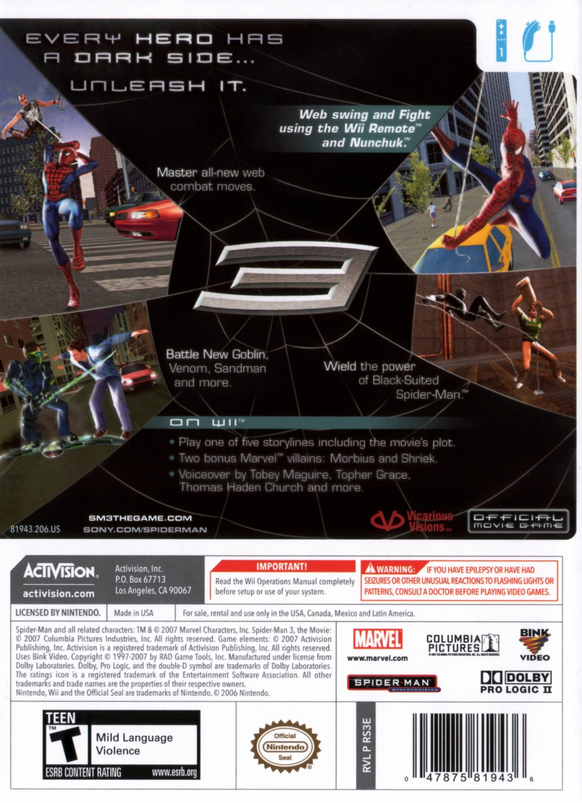 Spider-Man 3 Nintendo Wii video game, action adventure, superhero gameplay, motion controls, Marvel movie tie-in back cover