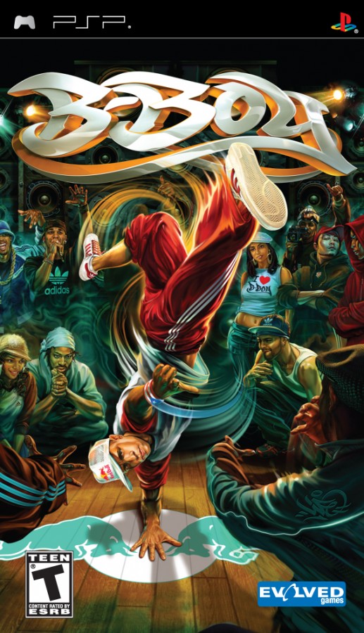 Retro B-Boy PlayStation Portable inspired design featuring classic hip hop breakdancing game aesthetic vintage PSP street culture freestyle dance battles urban graffiti style music rhythm gameplay nostalgic handheld gaming presentation front cover 