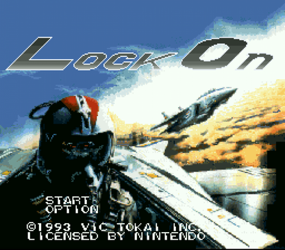 Lock On Super Nintendo Entertainment System SNES retro video game shoot em up action featuring fast paced aerial combat enemy aircraft challenging missions futuristic fighter jet gameplay classic 16 bit graphics Super Nintendo gaming experience retro game collection appeal start screen