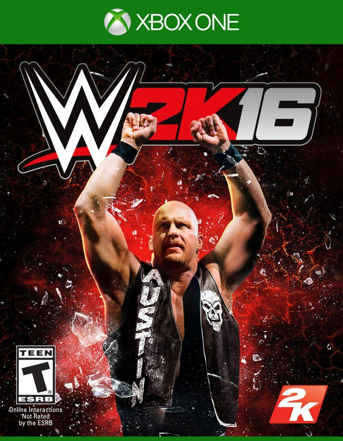 WWE 2K16 Xbox One video game, professional wrestling sports simulation, WWE superstars and legends, career and showcase modes, console title front cover