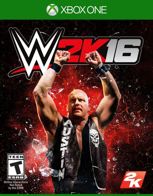 WWE 2K16 Xbox One video game, professional wrestling sports simulation, WWE superstars and legends, career and showcase modes, console title front cover