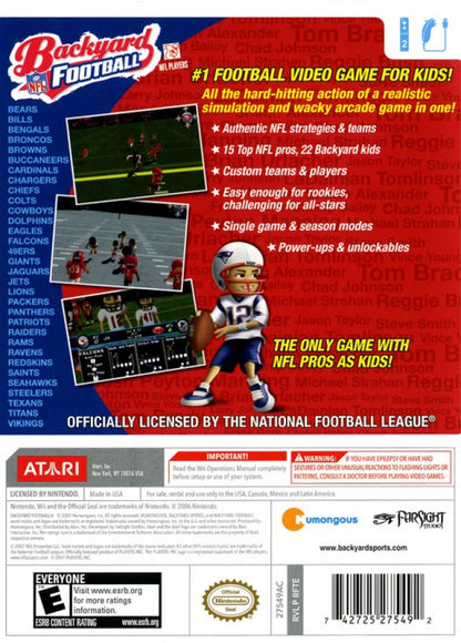Retro Backyard Football Wii inspired design featuring family friendly arcade sports gameplay aesthetic cartoon style football action kid focused backyard athletes colorful stadium fun motion controlled Nintendo Wii gaming nostalgia presentation back cover art