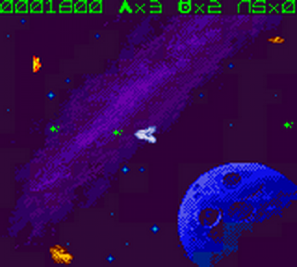 Asteroids Game Boy Color arcade port space shooter video game vector graphics style navigating asteroid field blasting rocks UFOs gameplay