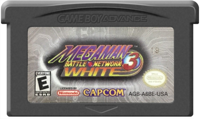 Mega Man Battle Network 3: White cartridge cover art for Nintendo Game Boy Advance (GBA) adventure strategy video game.