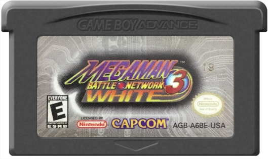 Mega Man Battle Network 3: White cartridge cover art for Nintendo Game Boy Advance (GBA) adventure strategy video game.