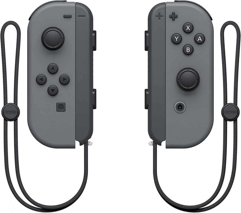 Nintendo Switch system with dock and grey Joy Cons featuring versatile home and portable gaming modes with bumpers