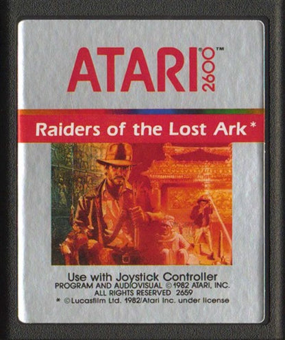 Raiders of the Lost Ark retro Atari 2600 video game featuring action adventure gameplay, treasure hunting exploration, movie based challenges and classic Atari entertainment - cartridge