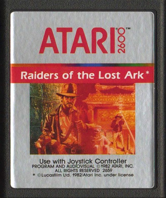 Raiders of the Lost Ark retro Atari 2600 video game featuring action adventure gameplay, treasure hunting exploration, movie based challenges and classic Atari entertainment - cartridge