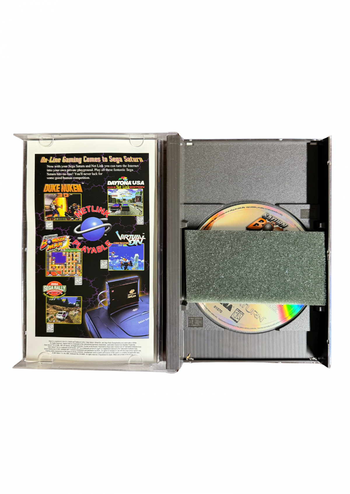 Saturn Bomberman Sega Saturn multiplayer party game classic Bomberman arcade action maze battles bomb placement strategy Hudson Soft cooperative and versus modes retro gaming Sega Saturn software video game title inside of case