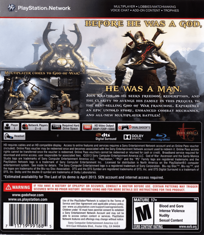 God of War: Ascension back cover art for PlayStation 3 (PS3) video game
