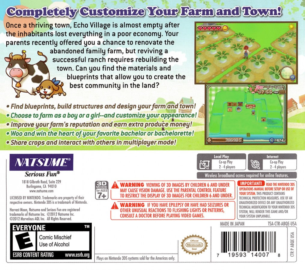 Harvest Moon A New Beginning Nintendo 3DS video game featuring farming simulation gameplay crop cultivation animal care town building character customization and life simulation adventure Nintendo 3DS handheld gaming retro video game collection collectible gaming appeal back cover art