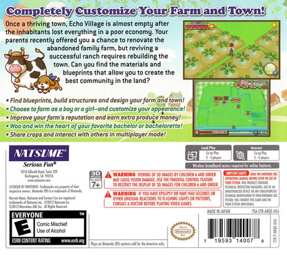 Harvest Moon A New Beginning Nintendo 3DS video game featuring farming simulation gameplay crop cultivation animal care town building character customization and life simulation adventure Nintendo 3DS handheld gaming retro video game collection collectible gaming appeal back cover art