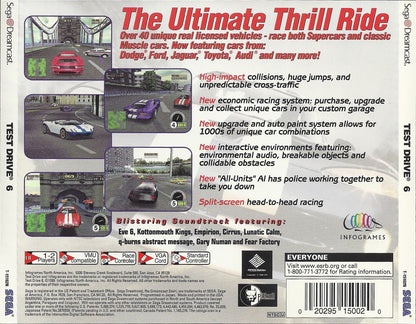 Test Drive 6 game for the Sega Dreamcast featuring arcade style racing gameplay with multiple licensed cars high speed street and circuit races police chases and various international tracks with competitive driving modes gameplay 