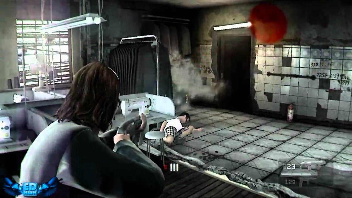 Retro Kane and Lynch 2 Dog Days Xbox 360 inspired design featuring gritty crime thriller shooter aesthetic vintage HD era handheld camcorder visual style urban Shanghai chaos intense co op action brutal criminal underworld cinematic realism nostalgic third person shooter presentation gameplay