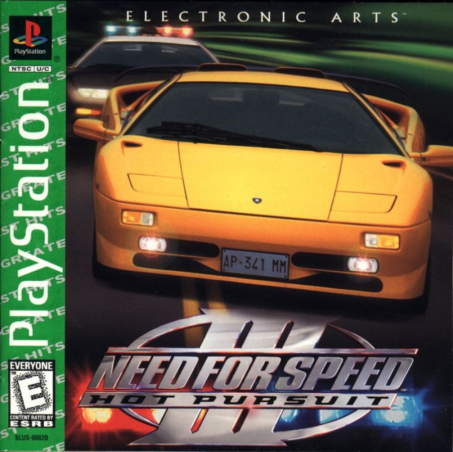 Need for Speed III Hot Pursuit Greatest Hits for PlayStation 1, cover image for an arcade racing game with exotic cars, high-speed police chases, competitive driving, and classic street racing gameplay