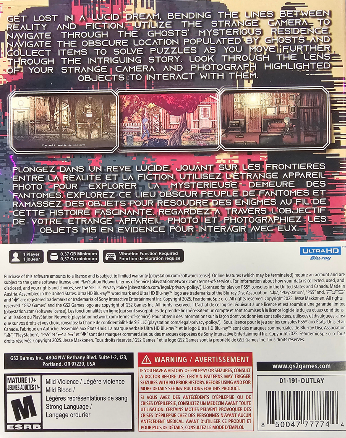 Afterdream PlayStation 5 PS5 for psychological horror adventure video game fans featuring eerie dreamlike environments surreal exploration puzzle solving mysterious characters unsettling atmosphere supernatural elements and immersive narrative driven gameplay collectible gaming appeal back cover art