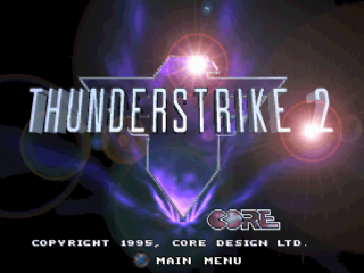 Thunder Strike 2 PlayStation 1 PS1 for vehicular combat flight shooter retro video game fans featuring helicopter gunship missions explosive aerial combat military operations powerful weapons arcade style action challenging objectives collectible gaming appeal title screen
