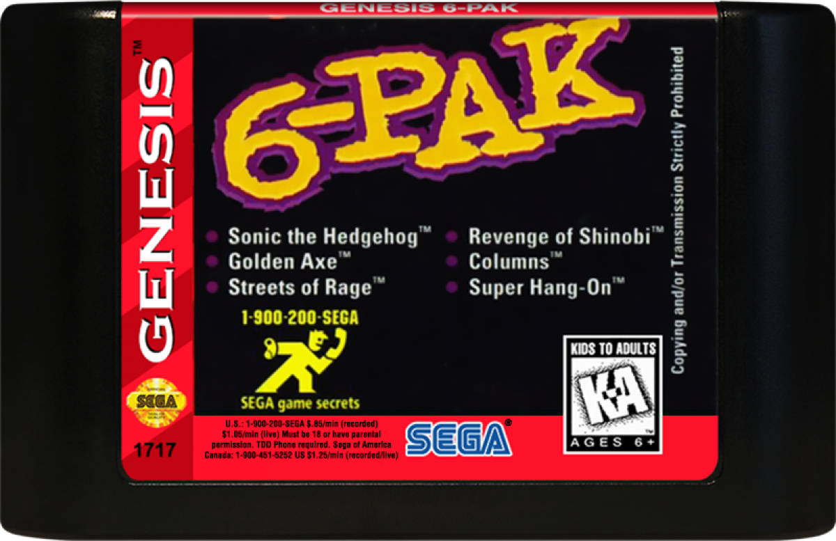 6-Pak Sega Genesis GEN video game featuring six classic Sega games in one collection arcade style action platforming sports and puzzle gameplay retro gaming variety multiple game collection classic 16 bit Sega gameplay retro video game collection collectible gaming appeal game cartridge 