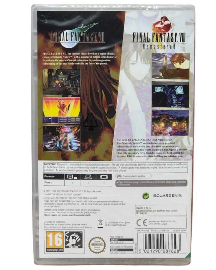 Final Fantasy VII & Final Fantasy VIII Remastered Twin Pack physical release featuring two classic RPGs with updated visuals turn based combat epic storylines and enhanced features in a convenient twin pack collection back cover