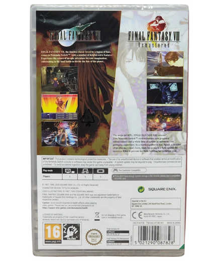 Final Fantasy VII & Final Fantasy VIII Remastered Twin Pack physical release featuring two classic RPGs with updated visuals turn based combat epic storylines and enhanced features in a convenient twin pack collection back cover