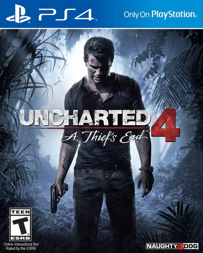 Uncharted 4: A Thief's End – PlayStation 4 (PS4) video game cover image, action-adventure exploration game.