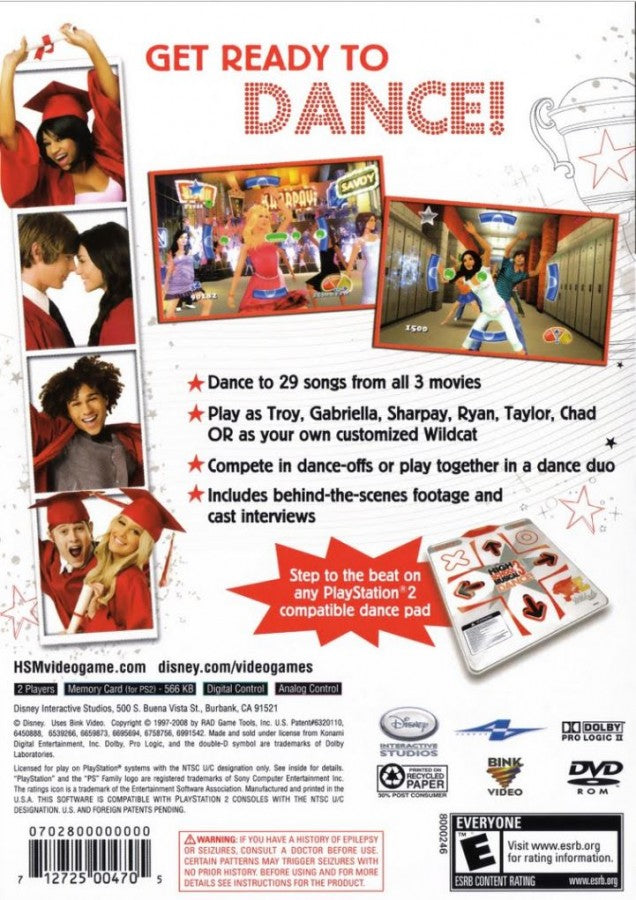 Disney High School Musical 3: Senior Year Dance back of case for PlayStation 2 (PS2) music rhythm dance video game based on High School Musical 3: Senior Year