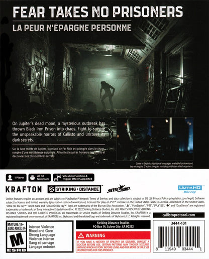 The Callisto Protocol back of case for PlayStation 5 (PS5) survival horror video game
