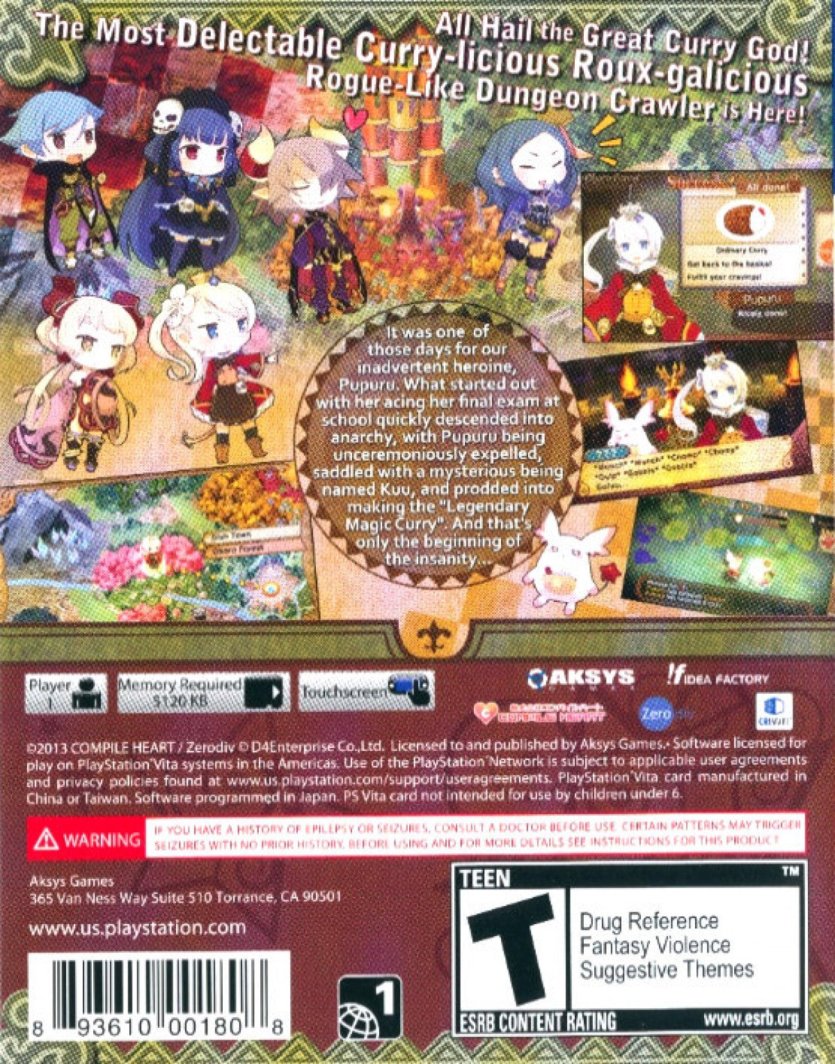 Sorcery Saga The Curse of the Great Curry God PlayStation Vita video game, roguelike RPG, anime-style adventure, turn-based dungeon back cover