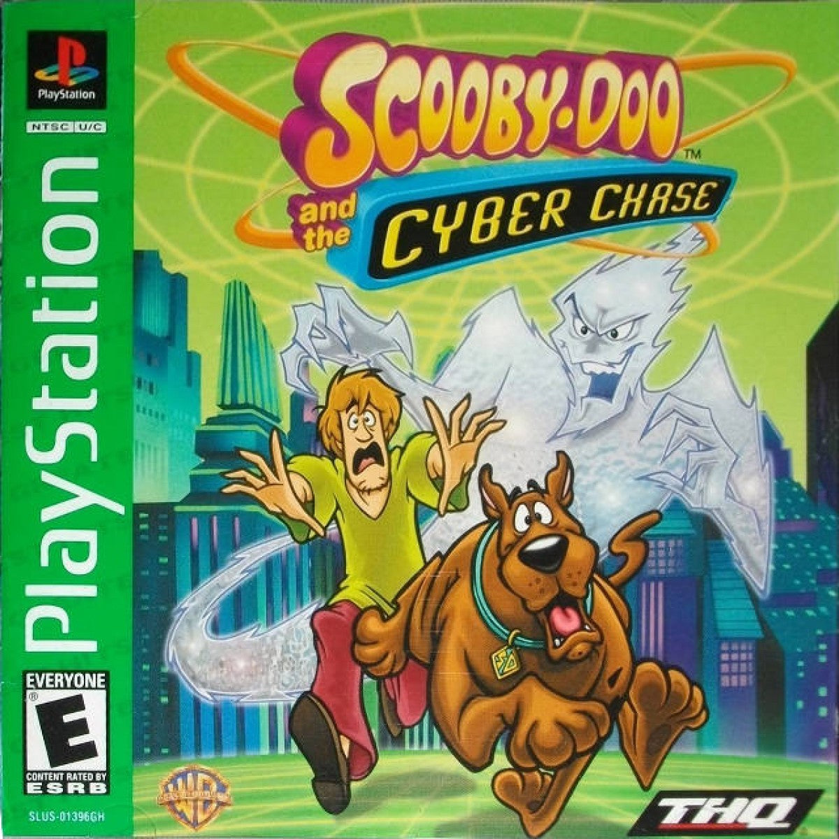 Scooby-Doo and the Cyber Chase Greatest Hits PlayStation 1 action-adventure video game based on the animated film Scooby Shaggy Mystery Inc gang transported into computer world levels based on locations chasing Phantom Virus platforming puzzle solving collectible Scooby snacks THQ Hanna-Barbera license cooperative gameplay front cover