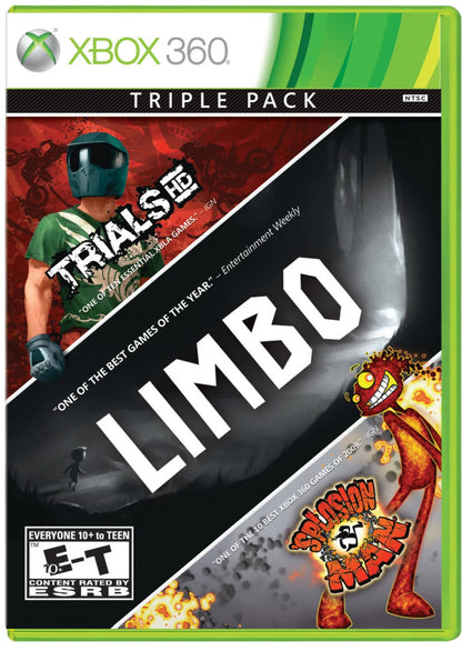 Triple Pack: Limbo, Trials HD, Splosion Man cover art for Xbox 360 (X360) puzzle platformer and action video game compilation