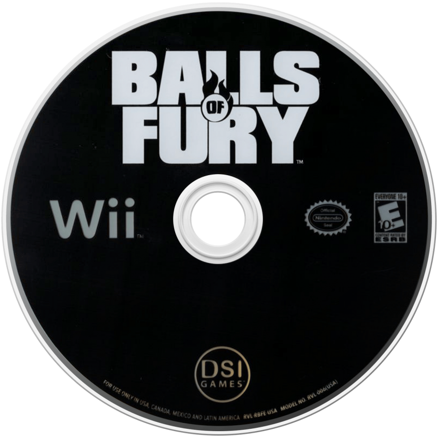 Retro Balls of Fury Wii inspired design featuring comedic table tennis action aesthetic motion controlled gameplay quirky martial arts humor over the top ping pong battles colorful arcade style sports entertainment nostalgic Nintendo Wii presentation disc